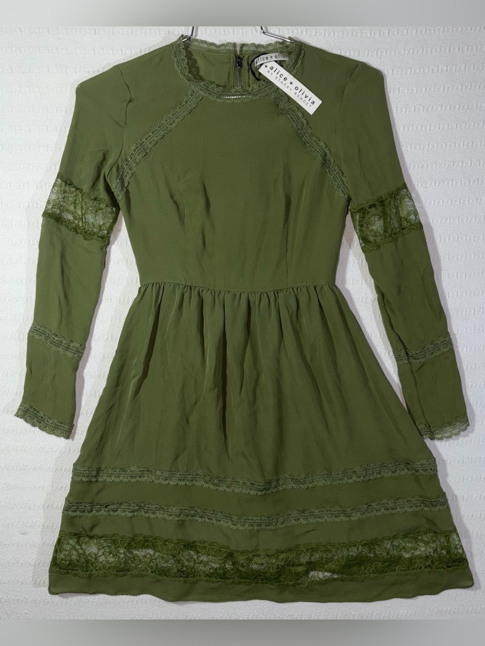 Alice + Olivia Janae Womens Silk Lace Trim A-Line Dress Green Sage Sz 0 NWT $440